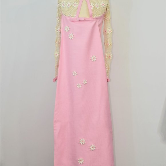 60s Maxi Fish Net Train Evening Gown Prom Dress Barbie Pink Handmade Vintage XS - Picture 2 of 16